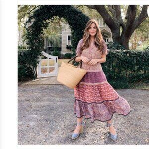 Sea NY Bella Midi Dress In Orchid Paisley Floral Boho Patchwork Tiered Sz 0/ XS